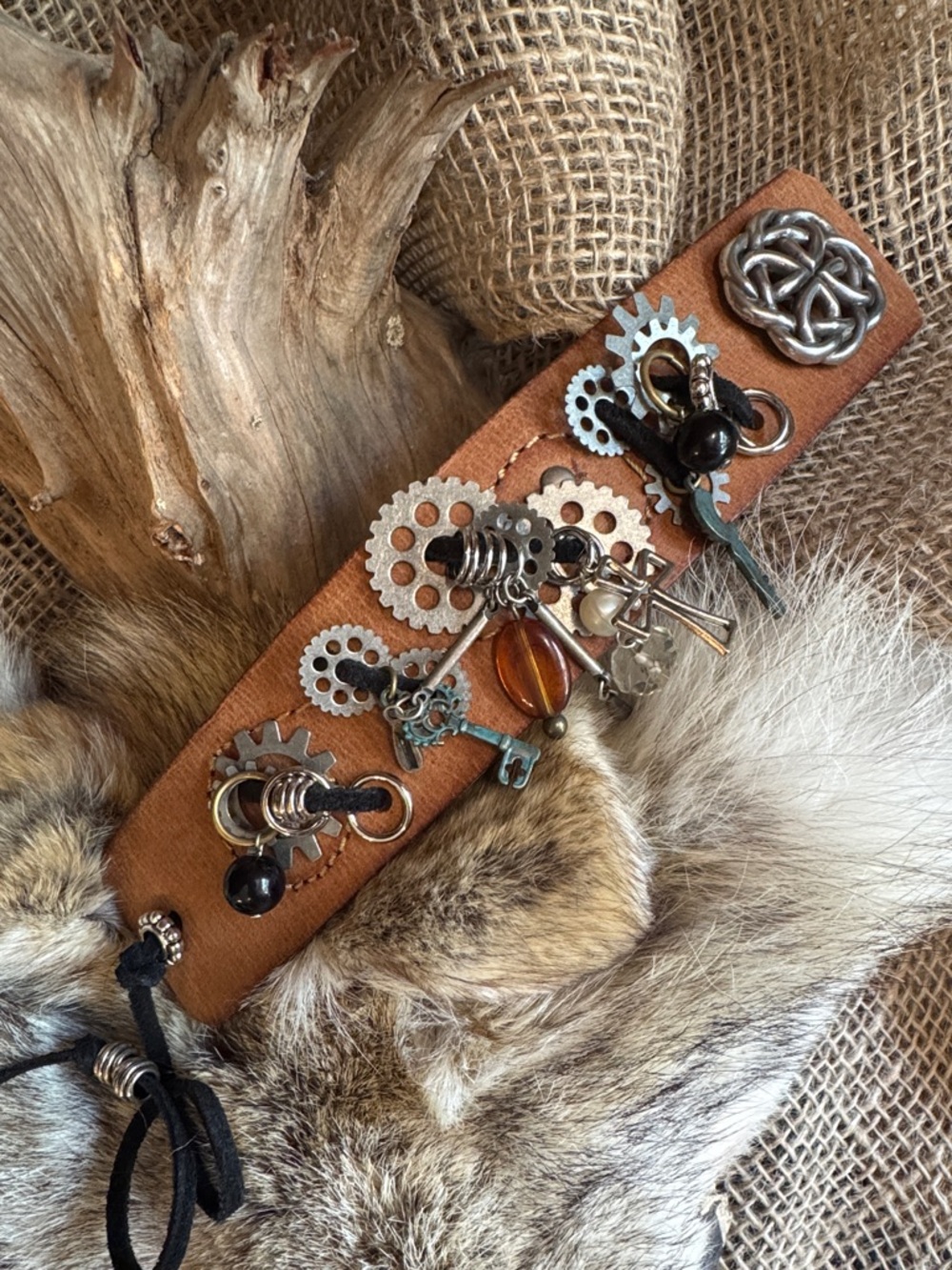 OOAK Brown Leather Steampunk Cross Charm Cuff Bracelet